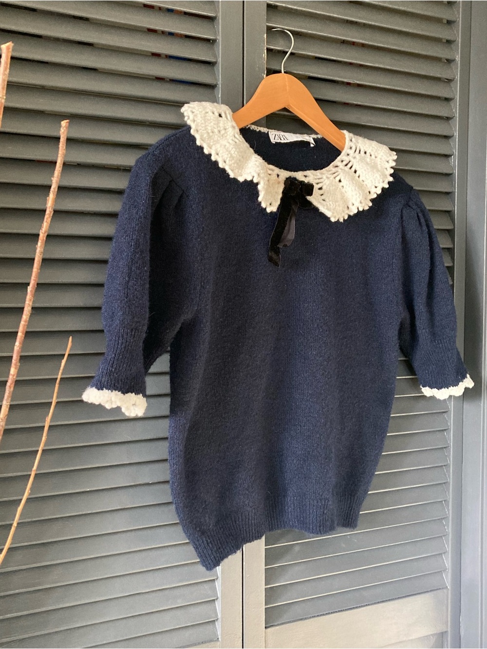 Zara Navy Sweater with Cream Crochet Collar and Trim